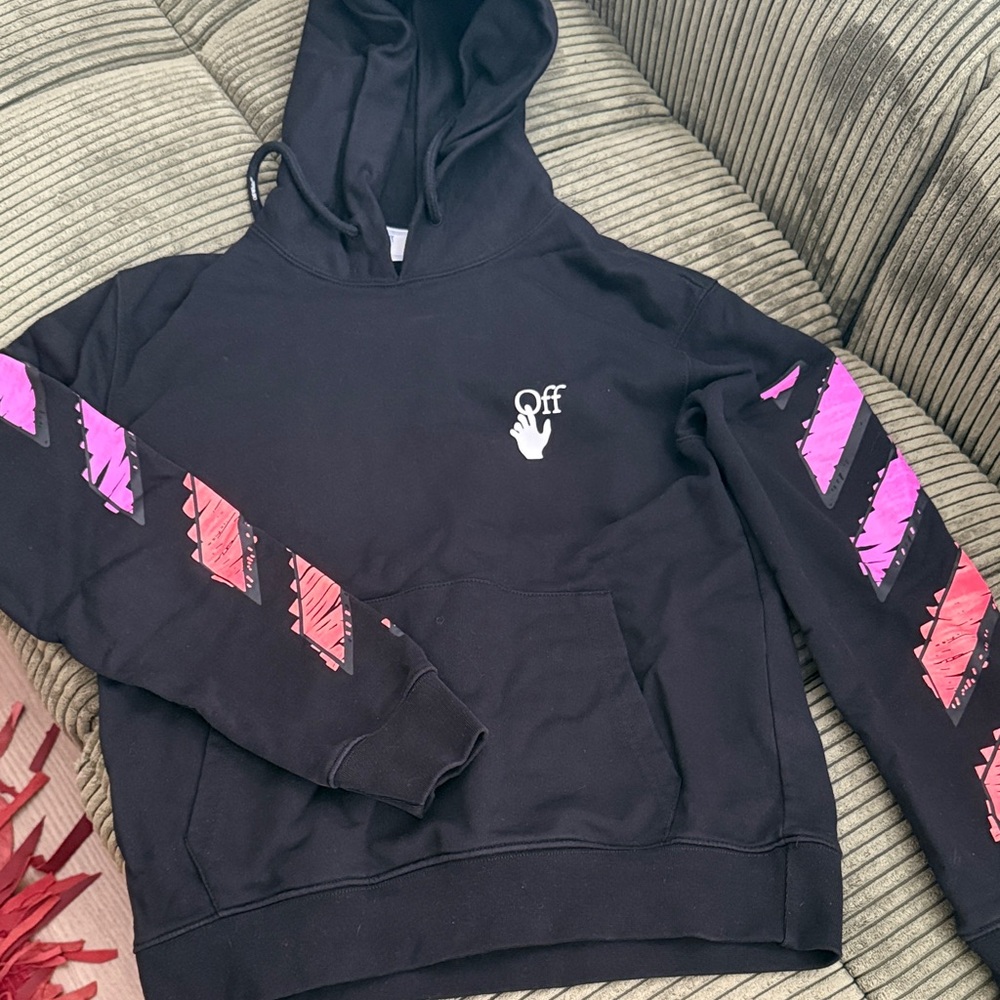 Off-White Women's Hoodie with Black and Pink Accents